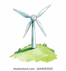 A stylized watercolor painting depicts a three-bladed wind turbine atop a small, grassy hill.
