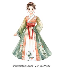 A stylized watercolor painting depicts a young woman in a flowing green and peach Hanfu dress, adorned with floral patterns.