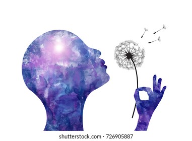 stylized watercolor woman on white background blowing a dandelion