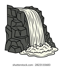 A stylized waterfall flowing down steep dark stone cliffs into a splashing pool. This clean nature design is perfect for environmental projects and travel themes.