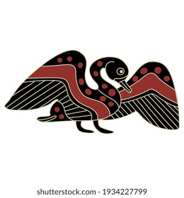 Stylized waterfowl bird with open wings. Swan, duck or goose. Ancient Greek vase painting animal motif. Ethnic folk style. Monochrome silhouette. Isolated vector illustration.