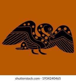 Stylized waterfowl bird with open wings. Swan, duck or goose. Ancient Greek vase painting animal motif. Ethnic folk style. Monochrome black and orange red silhouette.