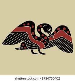 Stylized waterfowl bird with open wings. Swan, duck or goose. Ancient Greek vase painting animal motif. Ethnic folk style. Monochrome silhouette. Isolated vector illustration.