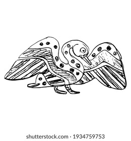 Stylized waterfowl bird with open wings. Swan, duck or goose. Ancient Greek vase painting animal motif. Ethnic folk style. Hand drawn linear doodle rough sketch. Black silhouette on white background.