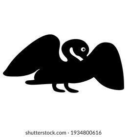 Stylized waterfowl bird with open wings. Swan, duck or goose. Black and white silhouette.