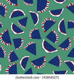 Stylized watermelon fruit seamless pattern vector. Unusual exotic fruit with blue fresh, seeds and striped peel on green background. Cartoon fantasy fruit seamless pattern. Summer bold colors pattern