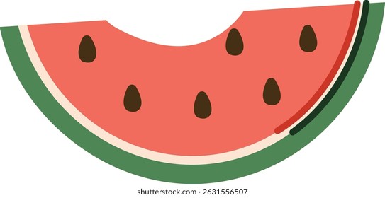 A stylized watermelon slice with seeds in a flat vector style. The fruit piece is depicted with a bold outline and simple shapes. Cartoon vector illustration.