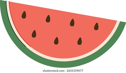 A stylized watermelon slice with seeds in a flat design. The fruit piece is depicted with a bold outline and simple shapes. Cartoon vector illustration.