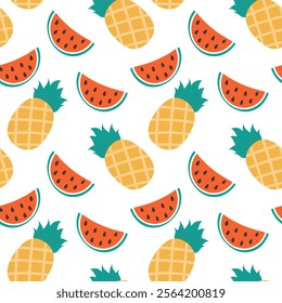 Stylized Watermelon slices and Pineapple Seamless pattern. Exotic fruits summer background texture 