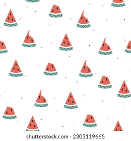 Stylized watermelon slices seamless vector pattern. Simple fruity texture. Cute hand drawn summer background for design wrapping paper, textile, card, gift, fabric, wallpaper, packaging, apparel.