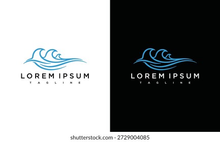 Concepto de diseño de logotipo de onda estilizado que se muestra en fondos blancos y negros contrastantes desde un punto de vista frontal directo