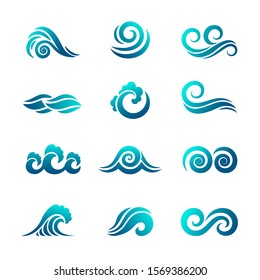 Stylized wave logo. Ocean and sea water graphics flowing wave swimming vector symbols collection