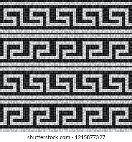 stylized waves black and white mosaic seamless pattern in antique roman style