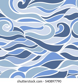 Stylized waves and curves seamless pattern. Sketch vector hand drawn doodle background with curls and swirls. Blue texture for textile, fabric, wrapping paper 