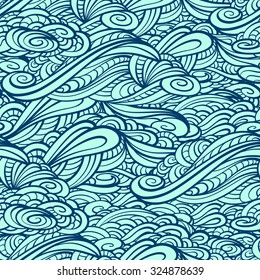 Stylized waves and twirls vector seamless pattern.