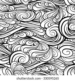 Stylized waves and twirls vector seamless pattern.