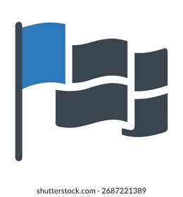 Bandeira estilizada ondulada com uma seção azul e uma cruz em preto e branco.