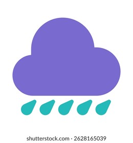 Stylized weather icon featuring a purple cloud with teal raindrops