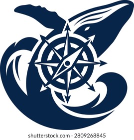 Stylized whale emerging from waves with a compass, symbolizing navigation and adventure at sea