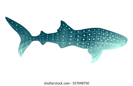 Stylized whale shark illustration with geometric shapes and dots colored in shades of turquoise. Gradient polygon style sea animal vector.