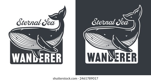 Stylized whale with the text 'eternal sea wanderer.' Nautical themes, ocean awareness designs for marine creative projects.