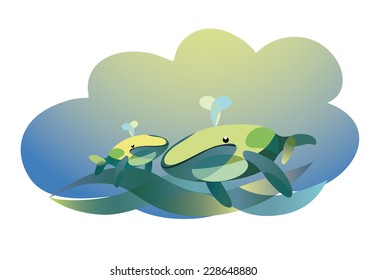 Stylized whales on a background of waves isolated on a white.