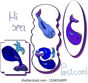 Stylized whales on postcards. Summer Design