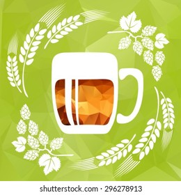 Stylized wheat ear and beer mug on a green background.