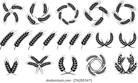 Stylized wheat ear silhouettes, decorative vector illustration, agricultural design elements, wreath and stalk patterns, black artwork, natural motif, farming symbol, elegant composition artwork