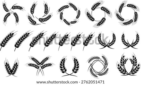 Stylized wheat ear silhouettes, decorative vector illustration, agricultural design elements, wreath and stalk patterns, black artwork, natural motif, farming symbol, elegant composition artwork