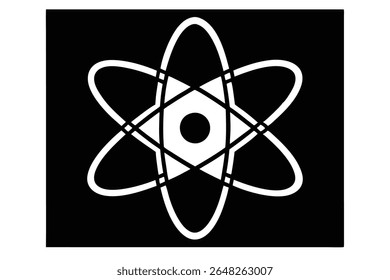 Uma silhueta estilizada de átomos brancos é posicionada centralmente sobre um fundo preto sólido. A imagem é um gráfico vetorial com linhas em negrito e uma estética minimalista.