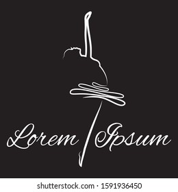 stylized white ballerina on the black background, line art vector logo template