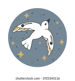 Stylized white bird with stars on night blue sky background. Flat style vector illustration.