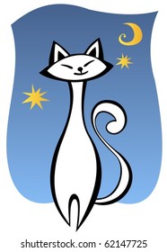 Stylized white cat and moon on a blue background.