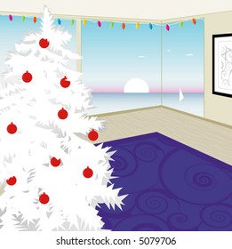 Stylized White Christmas Tree Overlooking West Coast Sunset. Christmas in California modern home. Flexible, easy-edit file