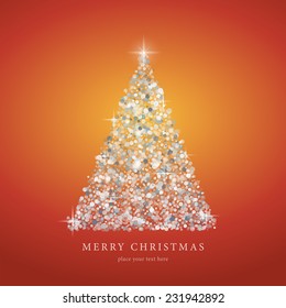 Stylized white Christmas tree silhouette from art graphics circle vector on red gradient background. EPS10