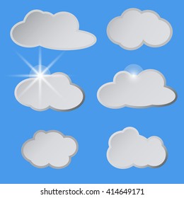 Stylized white clouds in the blue sky, the sun. Vector illustration