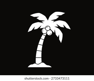 Ilustración estilizada de palmera de coco blanco sobre un fondo negro, que evoca una sensación de paraíso tropical y escapadas a islas exóticas, perfecta para diseños con temática de verano y conceptos de vacaciones