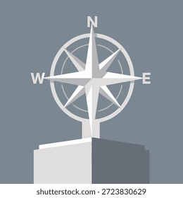 Eine stilisierte weiße Kompassrose mit den Himmelsrichtungen N, E, S, W ist auf einem hellgrauen Sockel auf dunkelgrauem Hintergrund montiert.