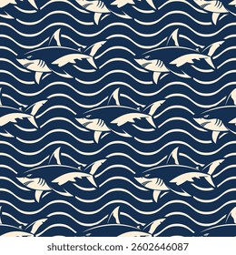 Stylized white and dark blue sharkes on wavy background. Vector seamless pattern.