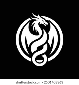 Stylized White Dragon in Circle logo or icon on Black Background
