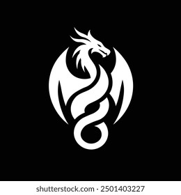 Stylized White Dragon logo or icon on Black Background
