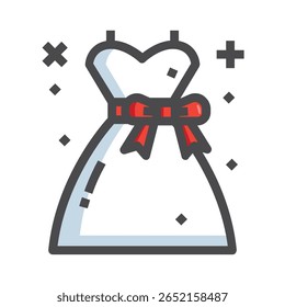 Stylized White Dress with Red Bow and Dark Gray Outline Icon