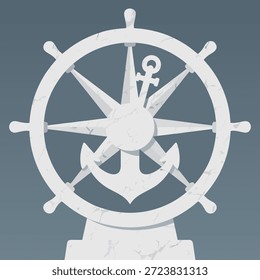 A stylized white emblem featuring a compass rose with an anchor and an anchor symbol, set against a muted blue background.