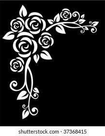 Stylized  white floral border  with rose on a black background.