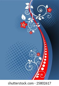 Stylized white floral pattern on a dark blue background.