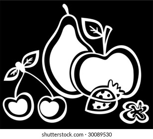 Stylized white fruit silhouettes  on a black background.