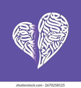 Eine stilisierte weiße Herzform aus Kalligrafie auf einem soliden violetten Hintergrund Design Kunst gebildet