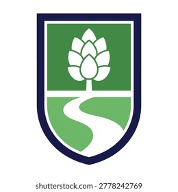 A stylized white hops plant on a green shield with a winding road, symbolizing growth and journey.