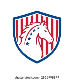 Stylized white horse head within a patriotic striped shield.